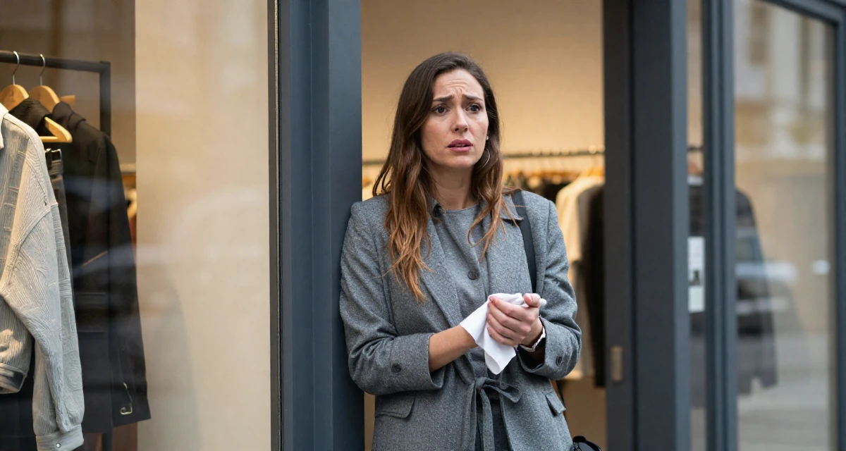 A emotionally moved Female From Hamburg Germany, majored in sociology in their 23, dealing with fluctuating subscriber numbers, wearing a grey tones casual wear, wiping hands in a clothing boutique.