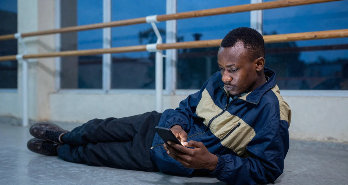 A hypnotic male From Uganda, majored in telecommunication engineering in their 22, preparing for upcoming graduation requirements, wearing a retro windbreaker jacket, scrolling casually in a ballet studio.