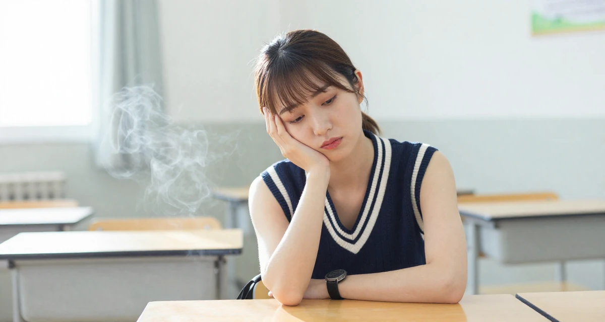 A bored Female Former aerobics instructor, now filming premium workout sessions in their 24, maintaining anonymity while growing faster, wearing a preppy sweater vest combo, holding a leash in a classroom setting.