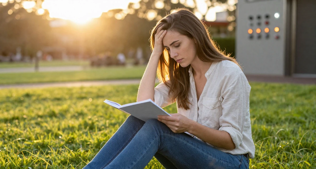 A quiet Female From Sydney Australia, holds a degree in environmental science in their 23, fighting algorithm despair while submitting homework, wearing a loose fitting blouse tucked into tight jeans, rolling up sleeves in a grassy field.