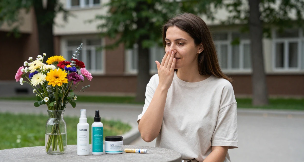 A focused Female From Armenia, studied sociology in their 45, reviewing anti-aging products with honesty, wearing a soft organic cotton clothing, covering a laugh with one hand in a university campus.