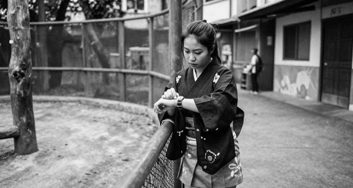 A curious Female From the Philippines, majored in mass media in their 23, refining their taste in art and music, wearing a shrine maiden outfit with a short hakama skirt, glancing at a wristwatch in a zoo enclosure path.