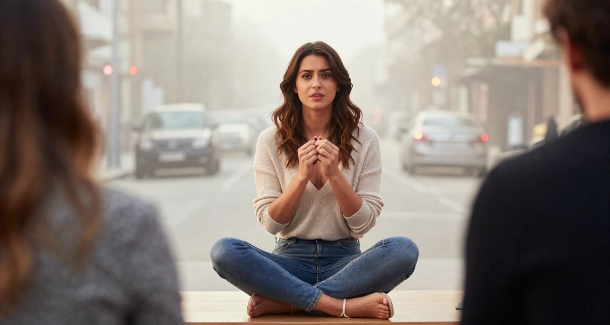 A inspired Female From Thessaloniki Greece, practiced warm-tone aesthetic storytelling in their 22, responding to fans while keeping emotional distance, wearing a plunging v-neck sweater and skinny jeans, cracking knuckles in a tv set.