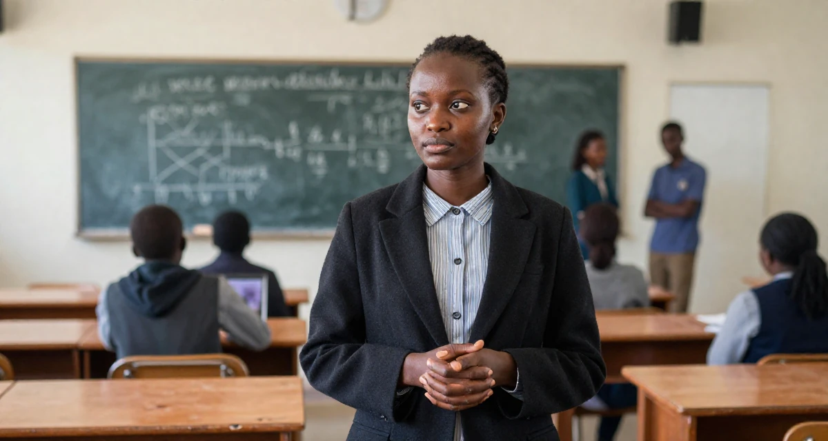 A carefree Female Born in Kenya, majored in mathematics education in their 23, realizing early burnout is real but pushing anyway, wearing a dark academia inspired outfit, glancing sideways in a classroom setting.