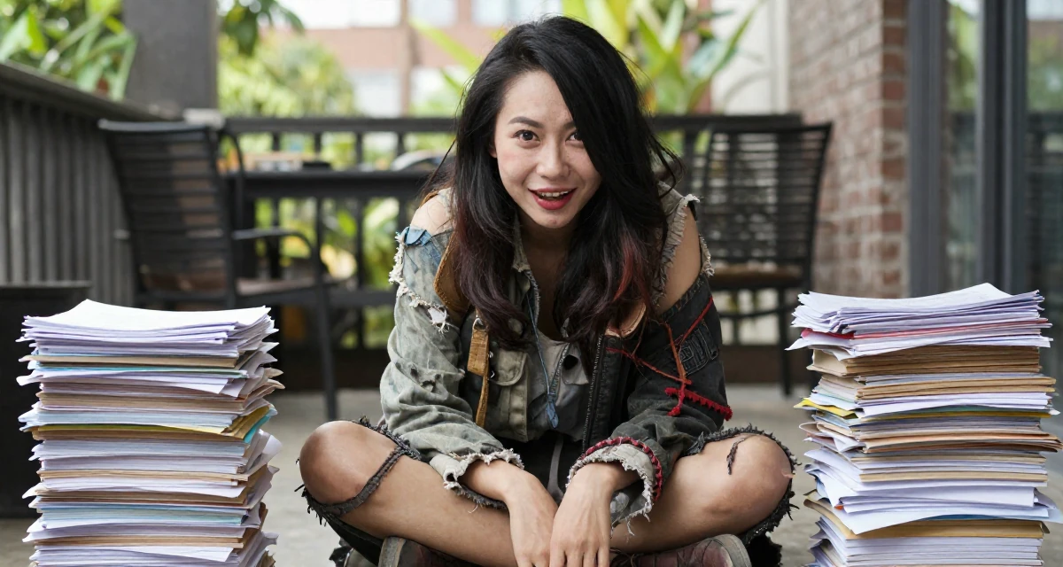 A subtly surprised Female From Vietnam, majored in social work in their 22, forcing confidence even on days with no energy, wearing a zombie apocalypse survivor gear with torn clothes, laughing softly in a sunny patio.