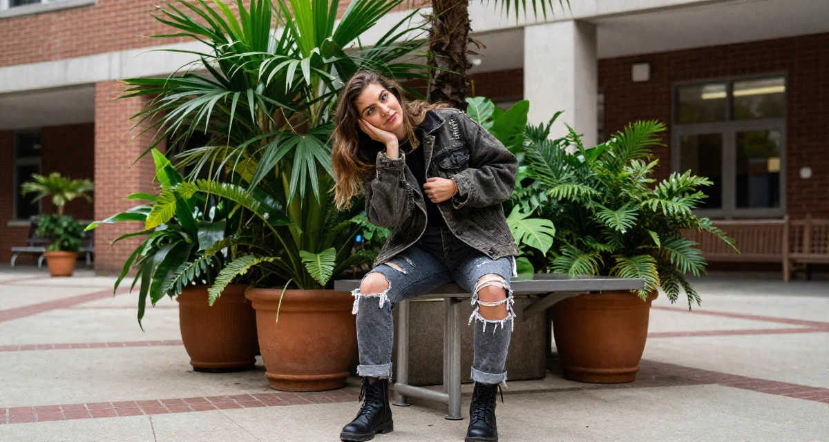 A coy Female Previous dental assistant, now exploring body-empowerment narratives in their 25, evaluating long-term career opportunities, wearing a edgy street style with boots, buttoning a jacket in a university campus.