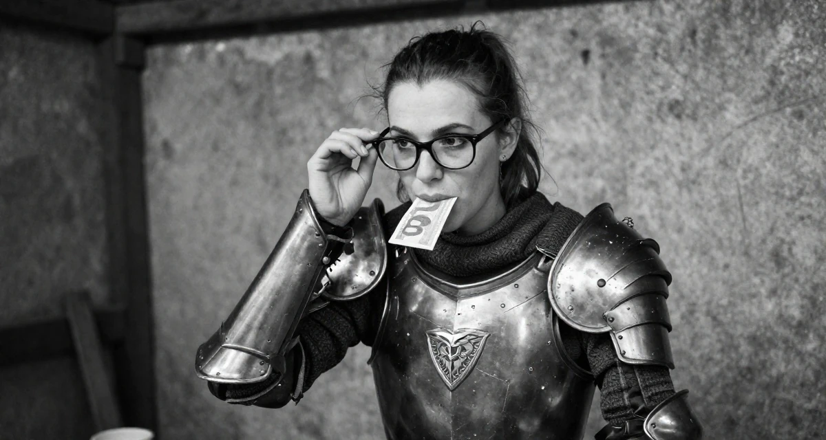 A charismatic Female From Hungary, majored in communication strategy in their 23, enjoying the first taste of disposable income, wearing a battle-damaged armor showing skin underneath, adjusting glasses in a barn interior.