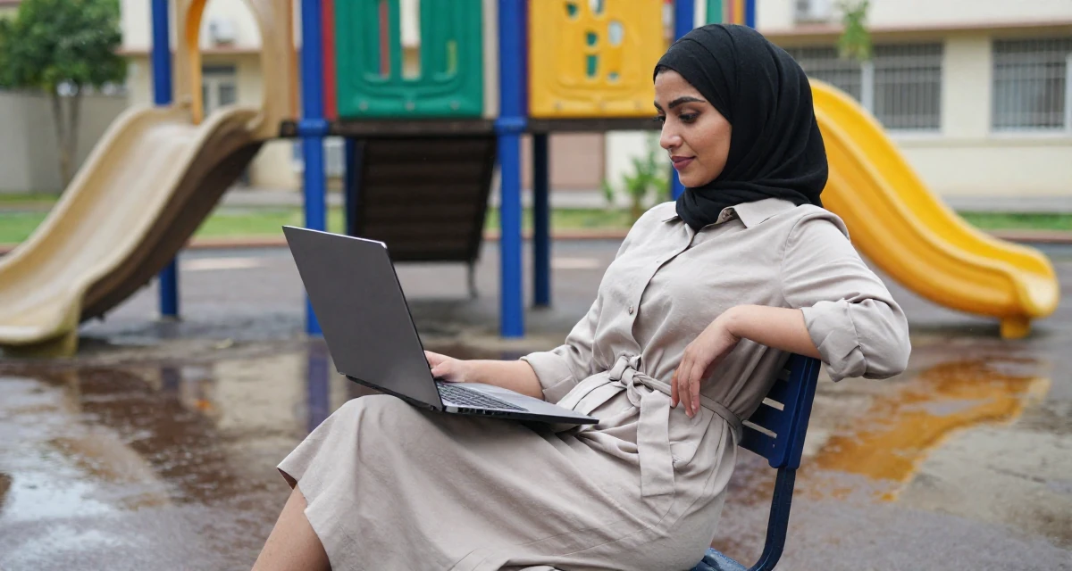 A patient Female Grew up in Saudi Arabia, studied visual merchandising in their 25, exploring safe ways to promote content without judgment, wearing a belted shirt dress with rolled sleeves, holding a laptop in a school playground.