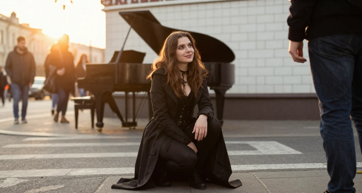 A gentle Female From Russia, has a background in piano performance in their 25, strengthening personal boundaries and priorities, wearing a gothic vampire hunter outfit with a long coat, smiling at a stranger in a busy intersection.