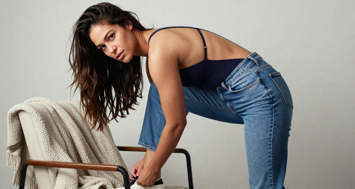 A reserved Female Raised in Canada, majored in fine arts in their 49, celebrating a life of resilience and grit, wearing a open-back bodysuit with vintage denim jeans, tying a shoelace in a waiting room.