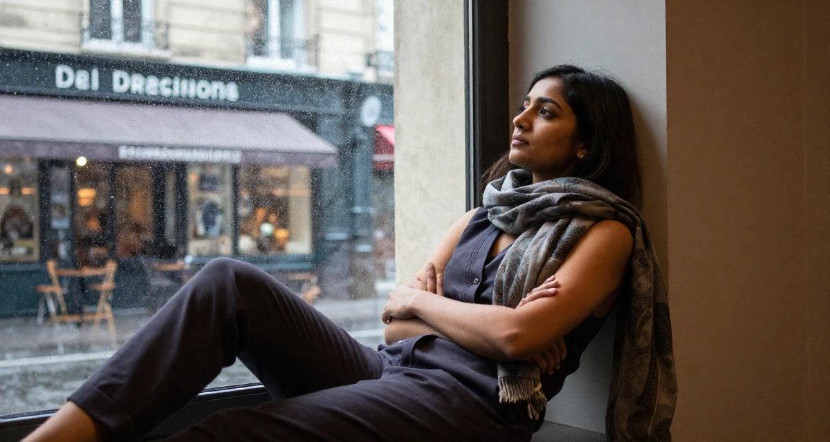 A melancholic yet beautiful Female From Bangalore India, holds a degree in software engineering in their 21, seeking internships and professional validation, wearing a chic jumpsuit styling, wrapping a scarf around the neck in a museum exhibit.