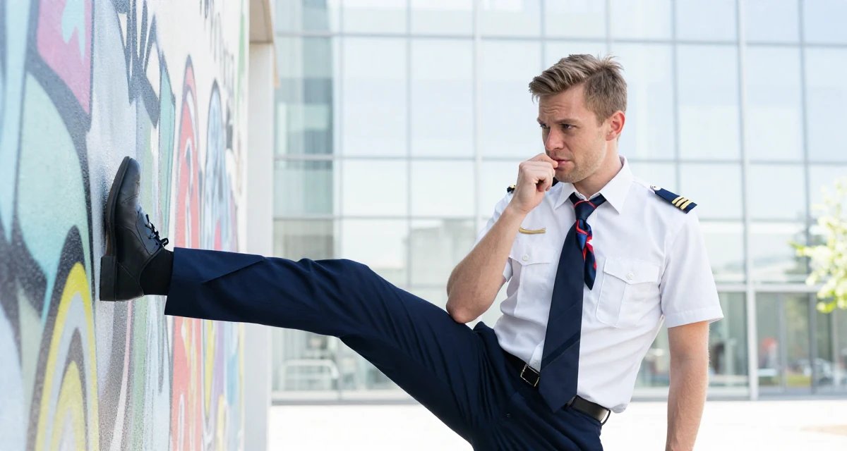 A proud male From Belgium, based in Ghent, graduated from a business school majoring in international marketing in their 23, learning the pain of “low views after high effort”, wearing a flight attendant uniform with a silk scarf, biting a lip thoughtfully in a graffiti art wall.