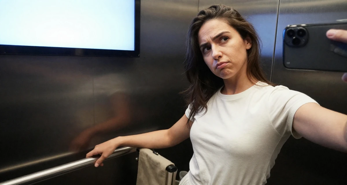 A cynical Female From the United Kingdom, based in Manchester, graduated from a city university majoring in marketing strategy in their 25, understanding which content gains real engagement, wearing a cotton jersey romper that fits tightly, posing for a selfie in a elevator hall.