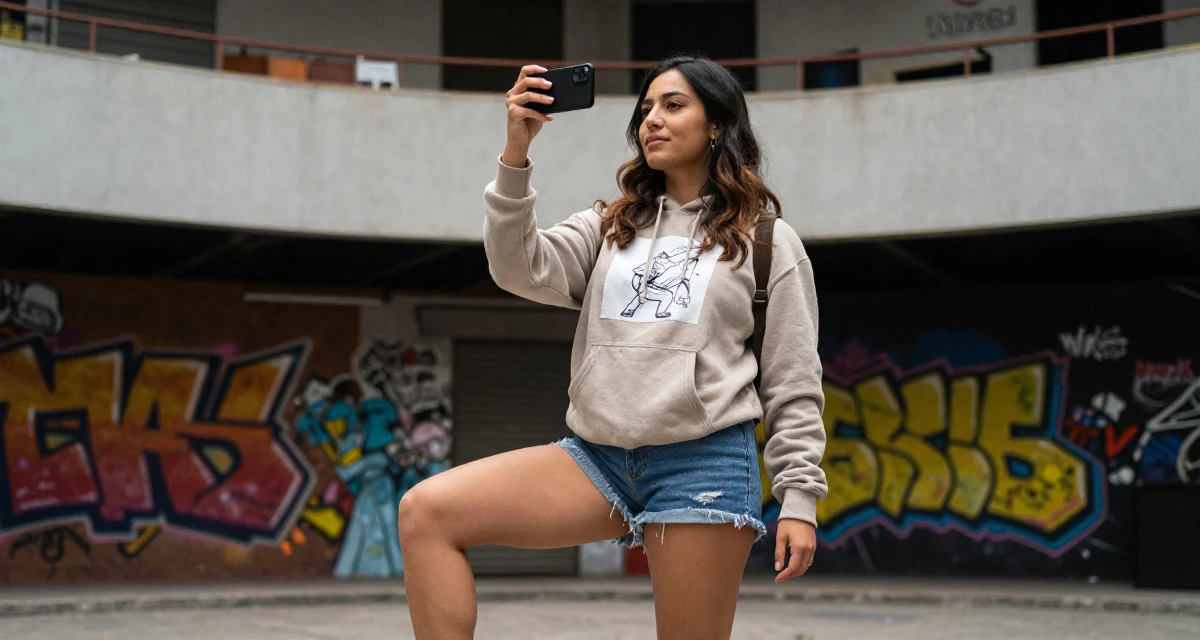 A zoned out Female From Mexico, studied graphic design and illustration in their 24, exploring side hustles to supplement income, wearing a casual hoodie and denim shorts, taking a photo in a concert hall.