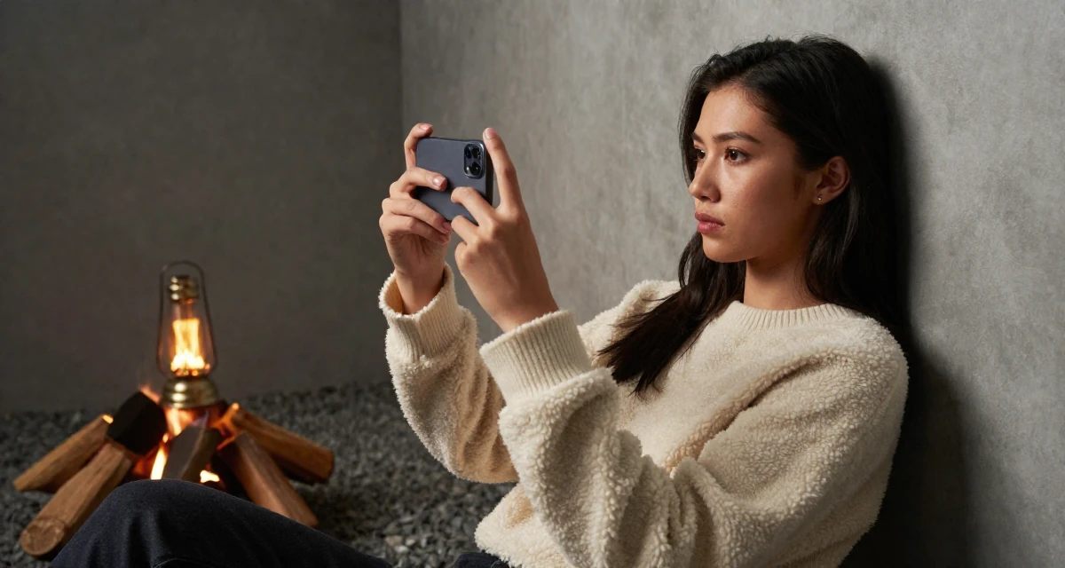 A timid Female From Johor Malaysia, learned portrait photography through freelance work in their 24, navigating office politics for the first time, wearing a cozy fleece pullover, snapping a photo with a phone in a campfire circle.