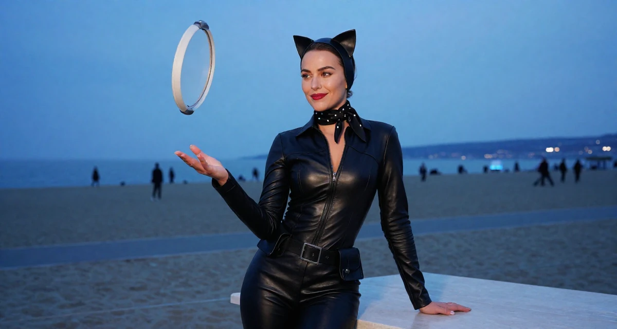 A smiling gently Female From Vienna Austria, studied stage performance and sensual movement in their 35, juggling co-parenting and a dating life, wearing a tight leather cat burglar suit with a utility belt, wrapping a scarf around the neck in a beach promenade.
