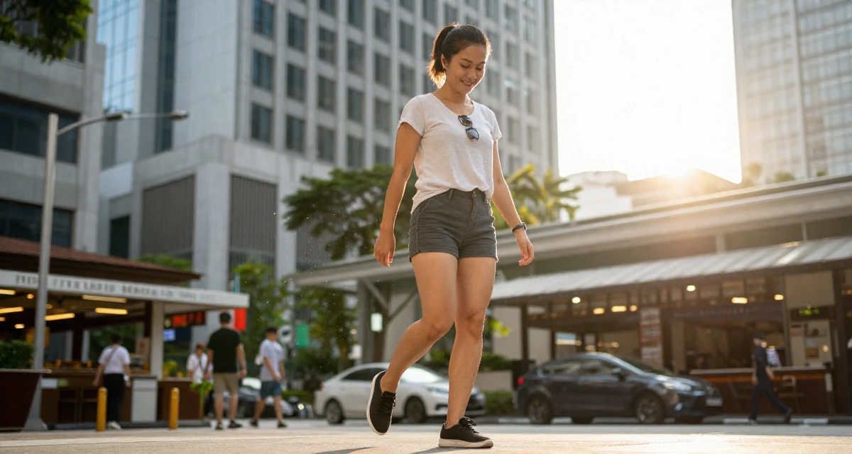 A smiling gently Female From Singapore, studied business analytics in their 41, rediscovering personal style after forty, wearing a minimalist everyday clothing, looking down at shoes in a high-rise office building.