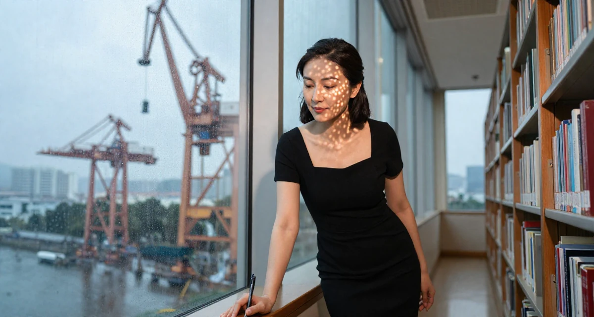 A tranquil Female From Macau, studied hospitality management in their 46, advocate for work-life balance in leadership, wearing a fitted black dress with a square neckline, holding a pen poised to write in a library aisle.