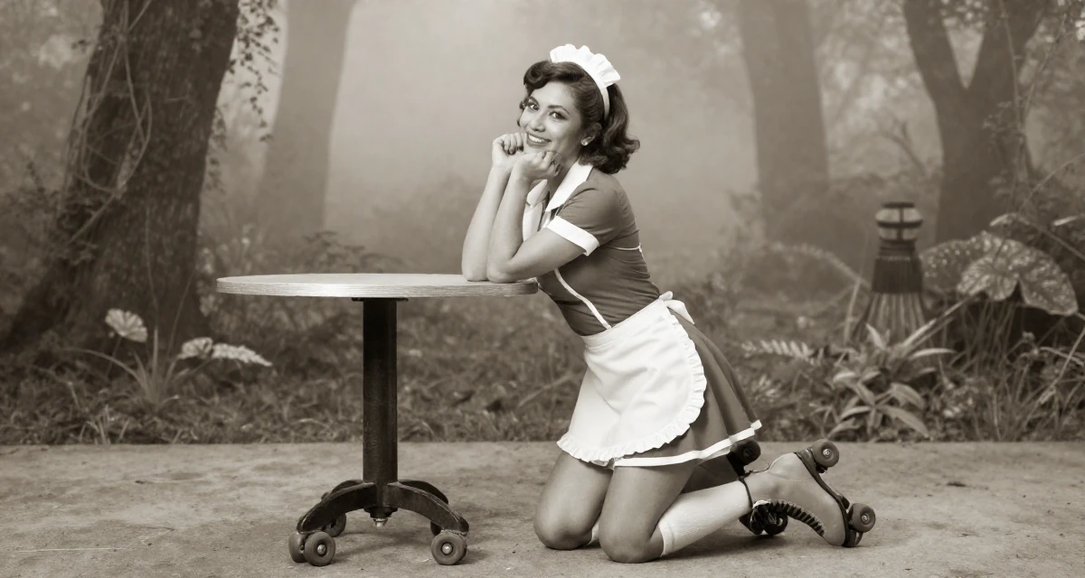 A relaxed and happy Female From Indonesia, majored in visual communication in their 29, carrying invisible pressure to stay relevant, wearing a retro 50s diner waitress uniform with roller skates, resting hands on a table in a magical forest clearing.