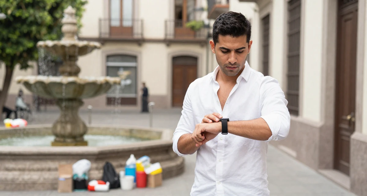 A curious and focused male Raised in Peru, studied advertising management in their 22, managing emotional whiplash from fluctuating subscriber counts, wearing a white shirt unbuttoned to the chest, glancing at a wristwatch in a narrow hallway.