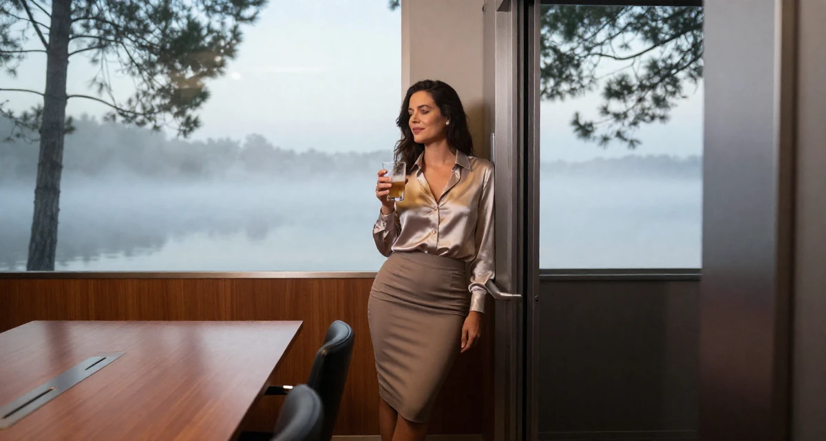 A zen-like Female From Portugal, based in Faro, graduated from a media institute majoring in stylish audiovisual curation in their 23, embracing flirtatious storytelling in creative sets, wearing a tight pencil skirt and a tucked-in silk blouse, holding a cold drink in a corporate elevator.