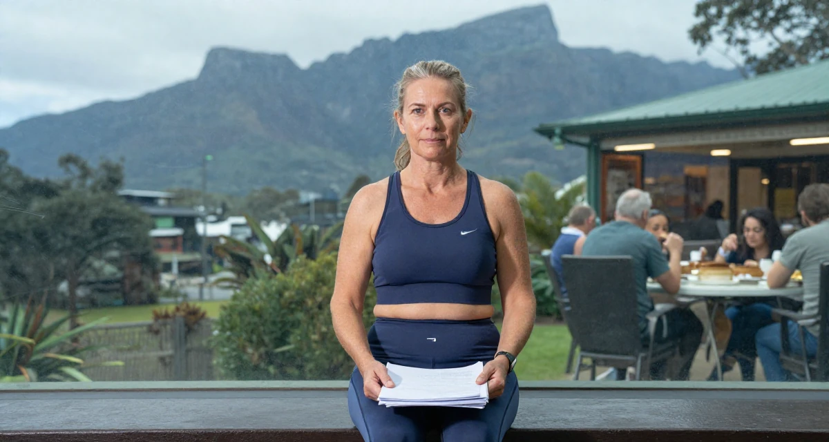 A sincere Female From Australia, majored in finance at a private university in their 51, switching careers later in life, wearing a gym shark style seamless leggings and matching crop top, carrying a stack of documents in a aquarium tunnel.