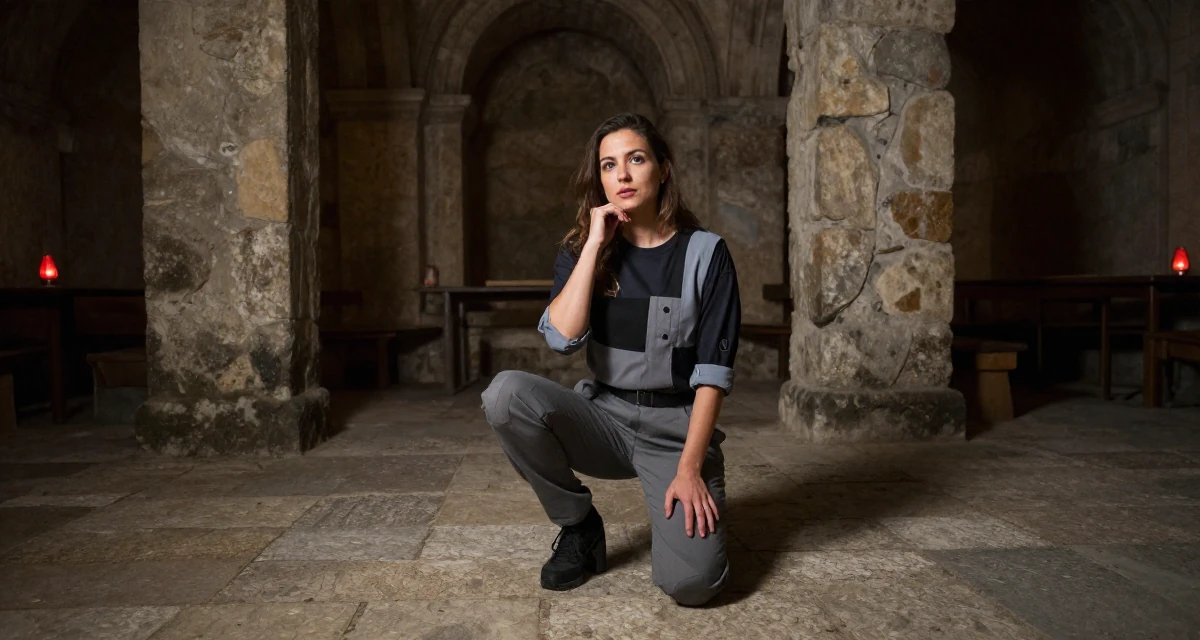 A soulful Female From Austria, based in Graz, graduated from an arts academy majoring in emotional portrait direction in their 34, wearing success like a second skin, wearing a modern tech-wear inspired look, rolling up sleeves in a ancient stone ruins.