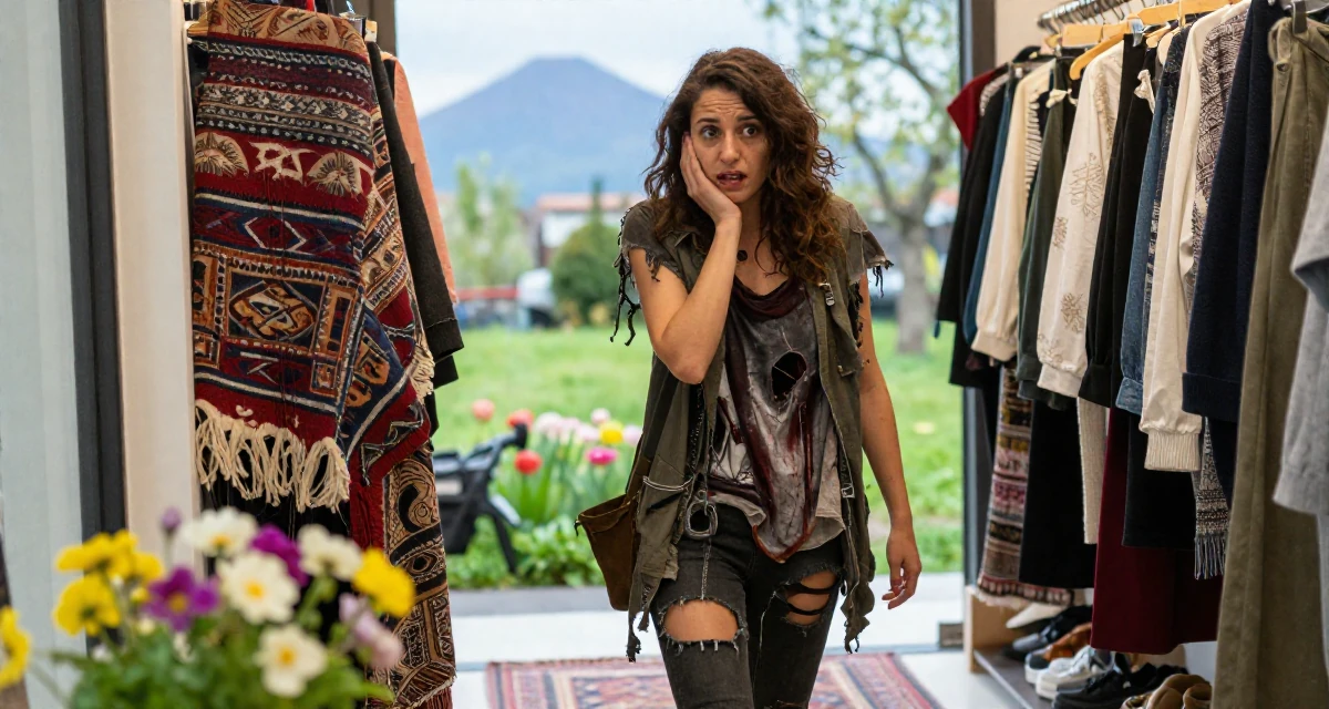 A anxious but excited Female From Thessaloniki Greece, majored in international economics in their 25, making peace with early awkward content, wearing a zombie apocalypse survivor gear with torn clothes, resting a chin on a hand in a clothing boutique.