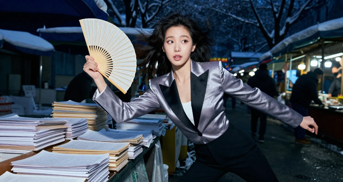 A inspired Female From Busan South Korea, trained at a private dance academy in their 22, developing a bold persona that feels authentically “me”, wearing a satin lapel blazer and tuxedo pants, fanning self with a hand in a night market stall.