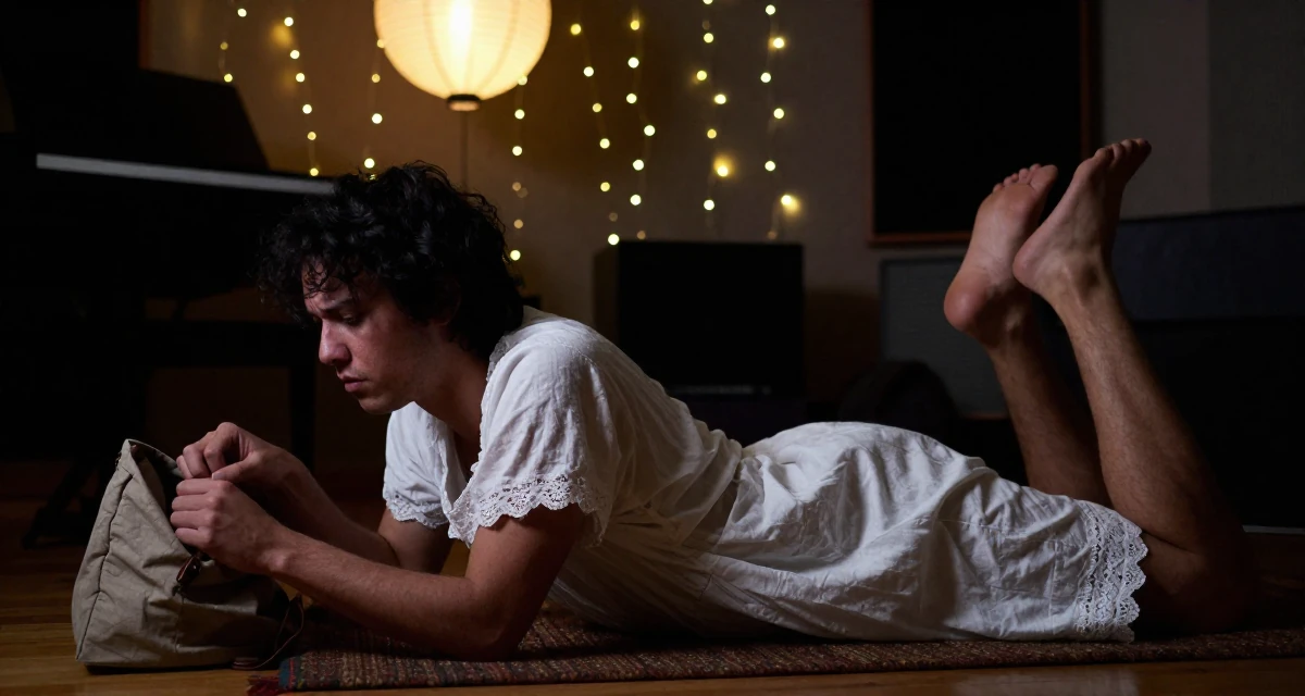 A stressed male Raised in Canada, majored in fine arts in their 27, dealing with the emotional cost of visibility, wearing a white cotton nightgown with lace details, reaching into a bag in a music studio.
