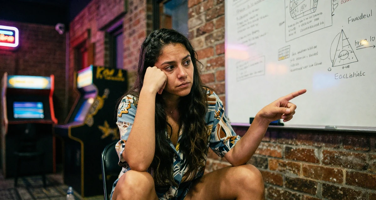 A reflective Female From El Salvador, studied social communication in their 28, dealing with fatigue from years of online performance, wearing a relaxed fit patterned shirt, pointing at something nearby in a arcade room with neon lights.