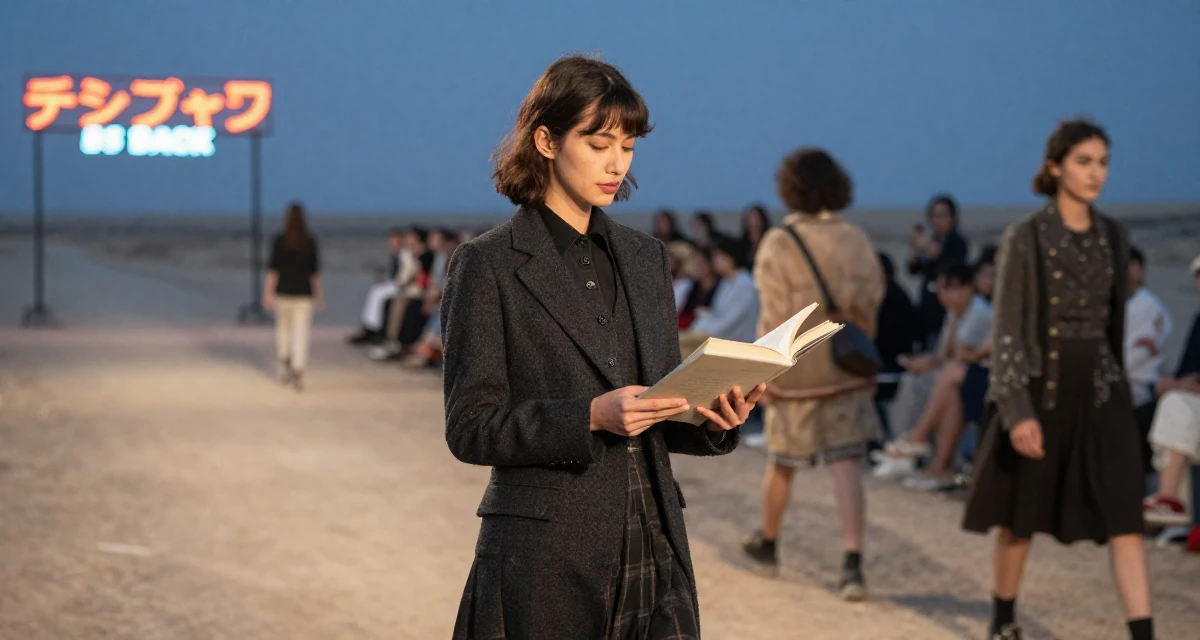 A nostalgic Female From USA, studied psychology and human behavior in their 25, handling first DMs from subscribers respectfully, wearing a dark academia inspired outfit, turning a page in a fashion runway.