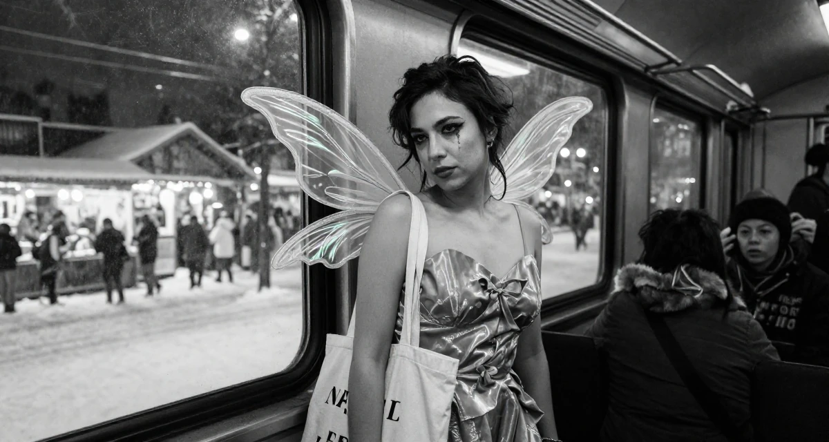 A sultry Female From Canada, studied kinesiology in their 21, wearing a party dress with smudged eyeliner, wearing a fairy costume with translucent iridescent wings, carrying a tote bag in a train carriage.