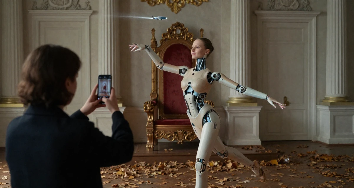 A serene and peaceful Female From Moscow Russia, trained in rhythmic gymnastics and body control in their 22, facing judgment from people who don’t understand creator life, wearing a cybernetic doll outfit with porcelain-like skin textures, snapping a photo with a phone in a royal palace throne room.