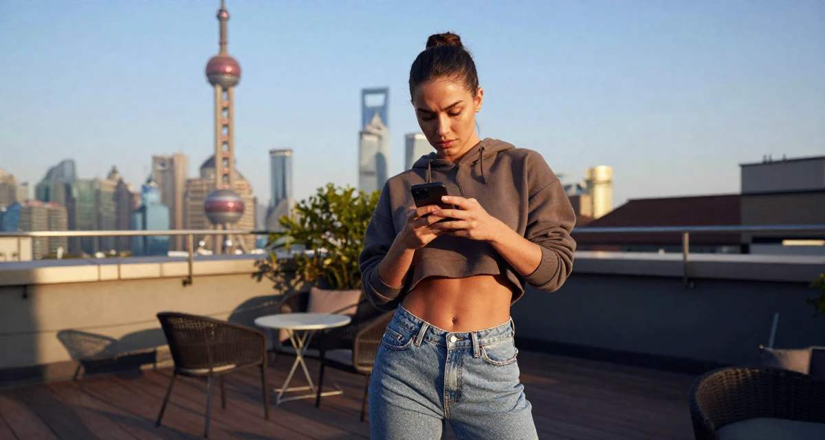 A focused Female Former aerobics instructor, now filming premium workout sessions in their 24, observing peers’ progress and feeling comparison pressure, wearing a cropped hoodie showing midriff and low-rise jeans, texting with both thumbs in a rooftop terrace at sunset.