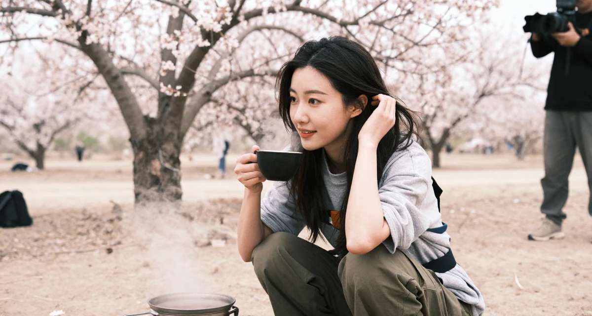 A charming Female Previously a travel-blog student, now turning trips into premium creator content in their 23, balancing risk-taking with stability needs, wearing a comfortable travel outfit, tucking hair behind an ear in a desert landscape.