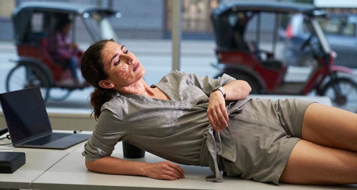 A sorrowful Female From Oslo Norway, learned sensual choreography through contemporary dance in their 30, feeling pride and fatigue in equal measure, wearing a wrap-front blouse and tailored shorts, glancing at a wristwatch in a classroom setting.