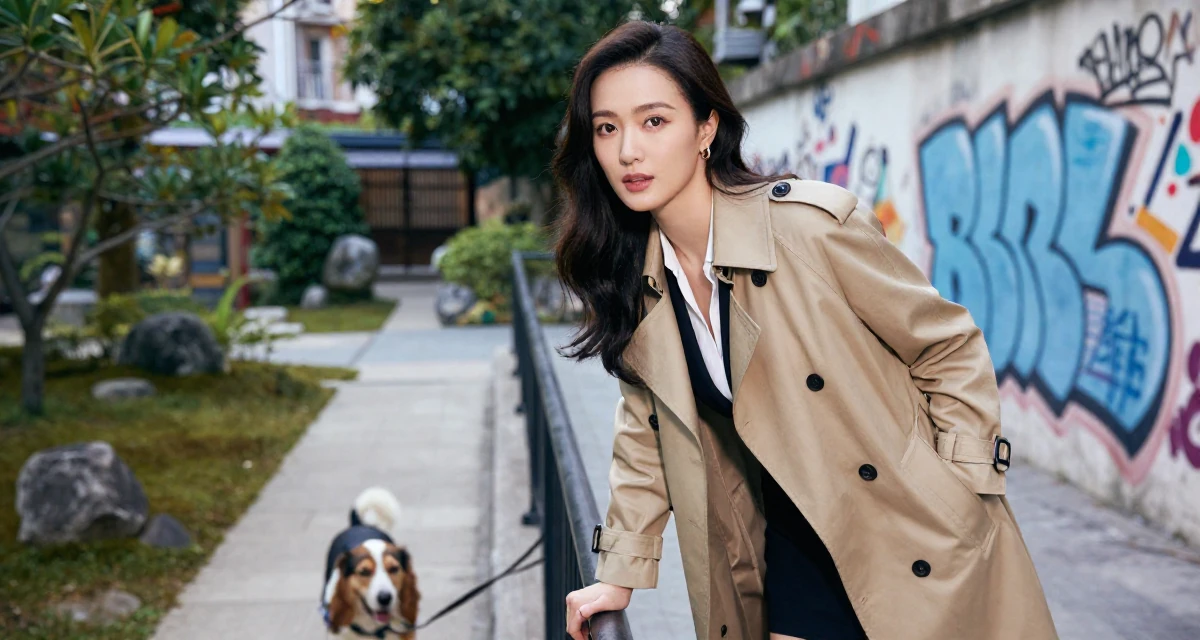 A steady Female From Vietnam, based in Nha Trang, graduated from a media school majoring in soft-romantic content direction in their 24, healing from past emotional wounds, wearing a classic trench coat worn over a business dress, walking a dog (leash visible) in a tv set.