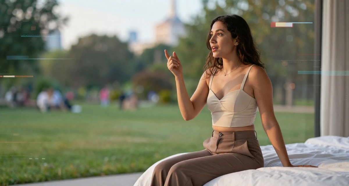 A eager Female Once a digital-marketing intern, now running her own creator brand in their 28, facing that growth sometimes plateaus for months, wearing a cropped bustier top and high-waisted slacks, pausing mid-step in a quiet park.