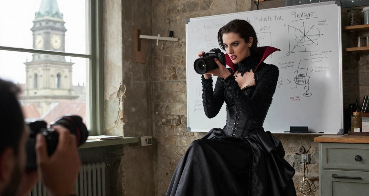 A ferocious Female Former small-town teacher, now exploring expressive photography in their 23, embracing sultry glam aesthetics as signature style, wearing a vampire queen gown with a high collar and corset, holding a camera ready to shoot in a rustic kitchen.