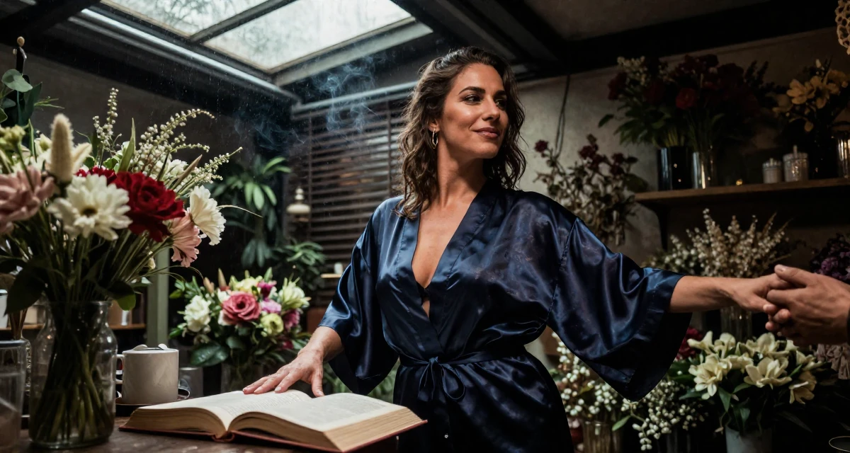 A friendly and approachable Female From Buenos Aires Argentina, trained in tango and partner flow in their 38, handling long working hours, wearing a silky kimono robe worn open over loungewear, holding hands with someone unseen in a flower shop.