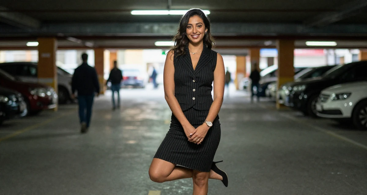 A warm and welcoming Female From Alexandria Egypt, practiced creative self-portraiture in their 25, managing early financial independence, wearing a pinstripe pencil skirt and a matching vest top, clasping hands together in a underground parking garage.