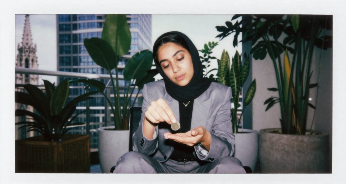 A sleepy Female Grew up in Saudi Arabia, studied visual merchandising in their 37, creating a slow-living lifestyle in the suburbs, wearing a sleek modern tailored look, flipping a coin in a high-rise office building.