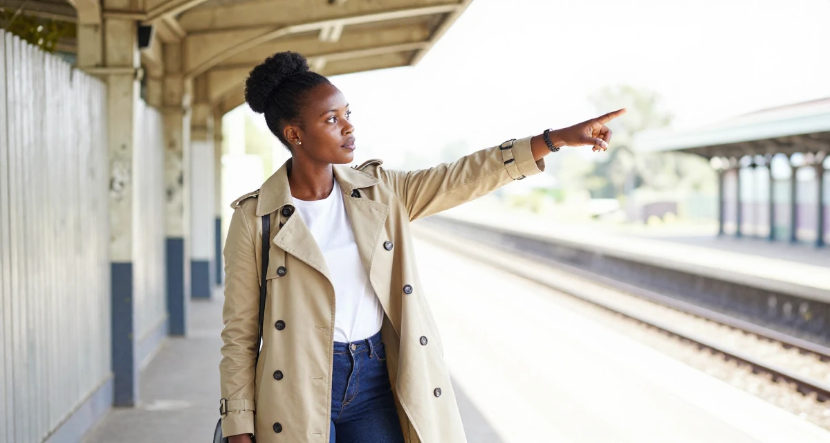 A reflective Female From Rwanda, majored in social innovation in their 27, accepting that success requires endless reinvention, wearing a stylish trench coat over basics, brushing off dust in a subway station.