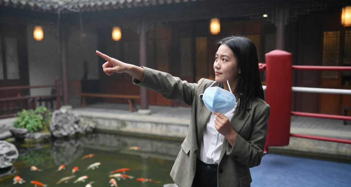 A compassionate Female From Shanghai China, majored in journalism in their 25, experimenting with niche themes to stand out, wearing a smart casual blazer ensemble, holding a mask (cosplay/prop) in a boxing ring.