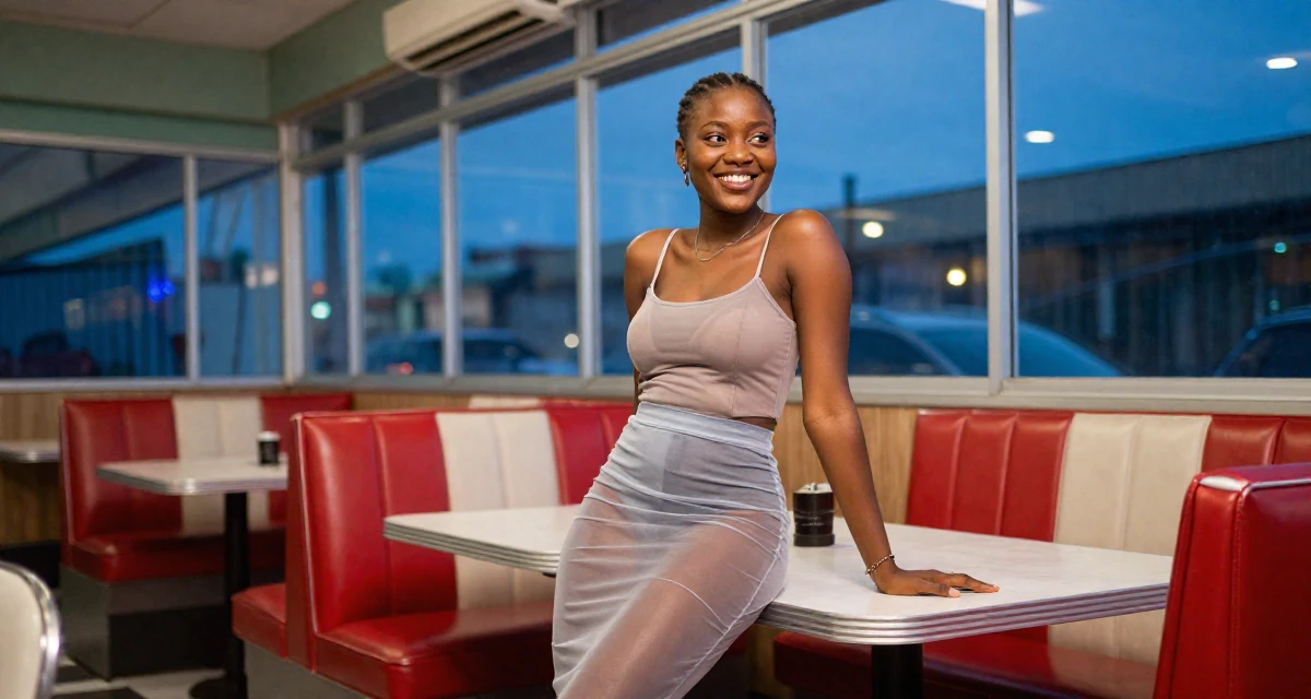 A joyful Female From Lagos Nigeria, majored in digital marketing in their 25, managing tight budgets as a student, wearing a sheer maxi skirt with a bodysuit underneath, glancing sideways in a retro 50s diner.