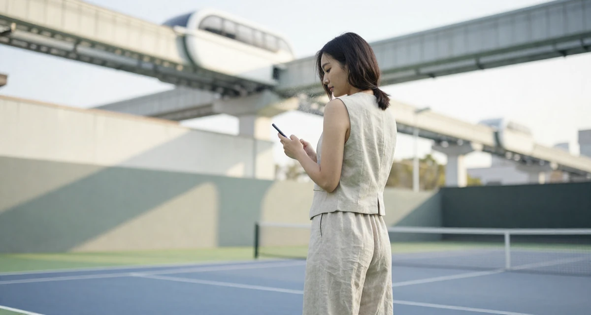 A shy Female Once a junior accountant, now embracing creative independence in their 20, spending too much time scrolling social media, wearing a sleeveless vest top and wide-leg linen pants, dusting off the shoulder in a tennis court.
