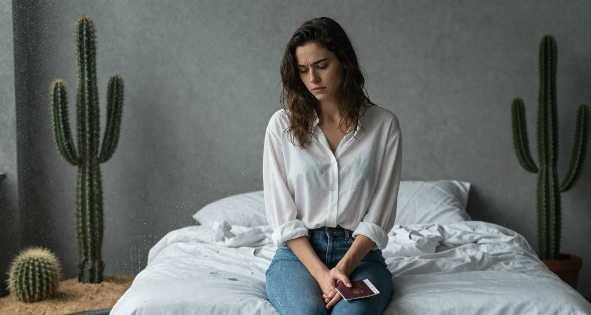 A sentimental Female From Netherlands, has a background in logistics in their 24, learning to work through emotional lows, wearing a effortless white blouse and jeans, holding a passport or ticket in a photo studio.