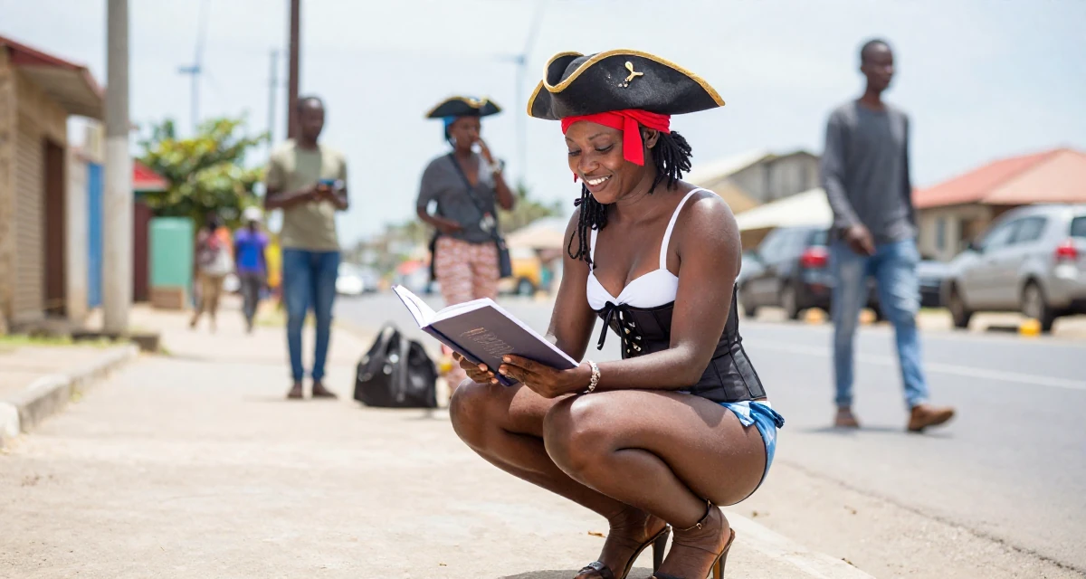 A relaxed and happy Female From Mombasa Kenya, practiced swimwear aesthetics in coastal campaigns in their 43, mentoring young professionals in the field, wearing a pirate captain outfit with a corset and tricorn hat, opening a book in a urban street.