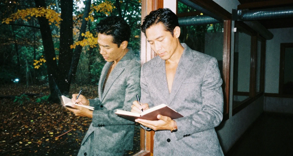 A zen-like male From Cebu Philippines, gained confidence through swimwear modeling gigs in their 47, revitalizing a marriage after twenty years, wearing a grey wool skirt suit with a fitted jacket, writing in a journal in a autumn forest.